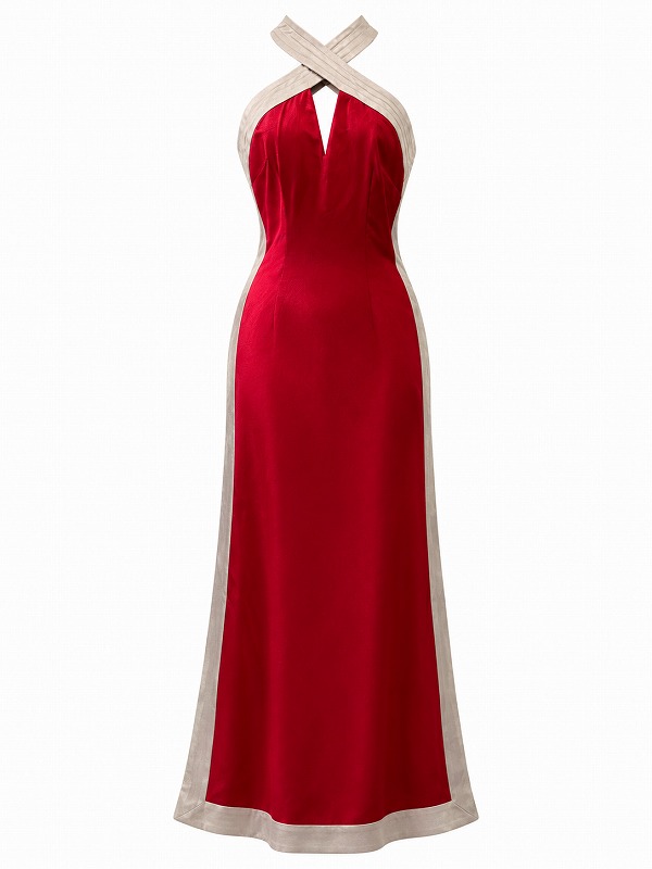 【新品DRESS 3383】クロスホルターネックバストカットフレアロングドレス レッド【KAREN MILLEN】